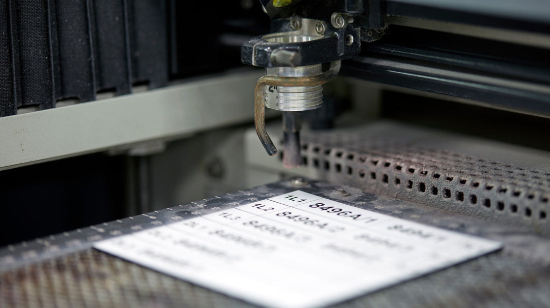 Laser engraved acrylic asset labels and electrical panel labels on a laser engraved bed