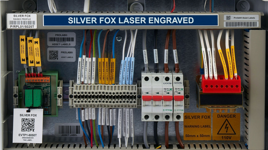 Electrical Panel with Cable Labels, Heat shrink wire markers, Wire Markers, Asset Labels, Engraved Panel Labels, many labels printed with the Fox-in-a-Box thermal label printer.