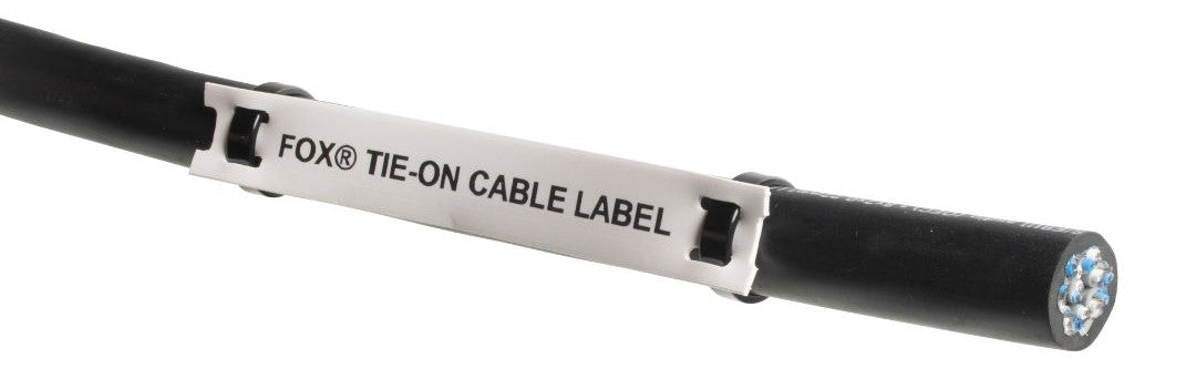 White Fox PVC Cable Label wire marker on a black cable 