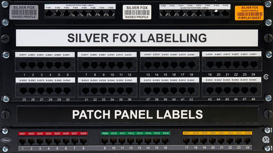 Patch Panels labeled with Engraved Patch Panel labels as well as adhesive patch panel labels, thermally printed with the Fox-in-a-Box thermal label printer 