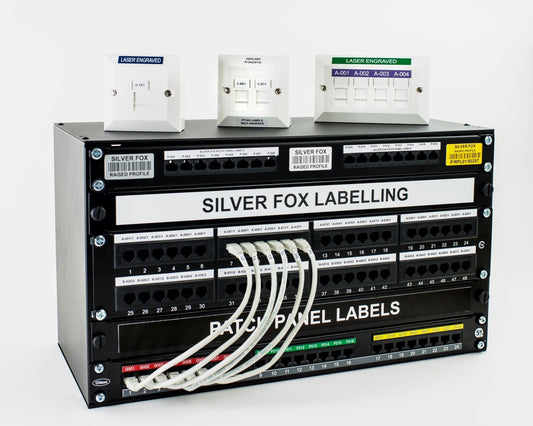 Patch Panel rack with Thermally printed Patch Panel Labels and Laser Engraved Patch Panel Labels 